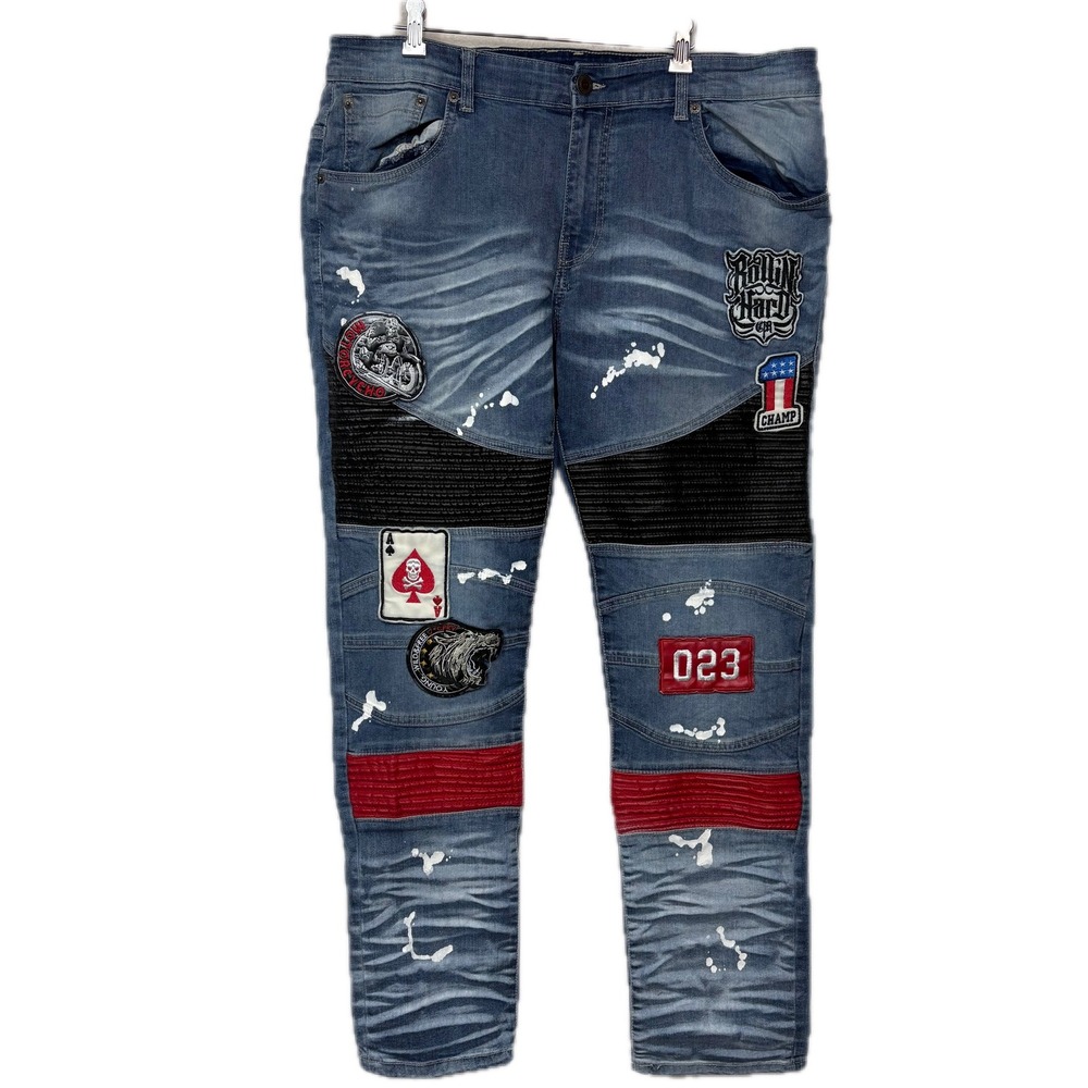 Copper Rivet Men's 38/32 Jeans Slim Fit‎ Patched & Paint Splatter Streetwear